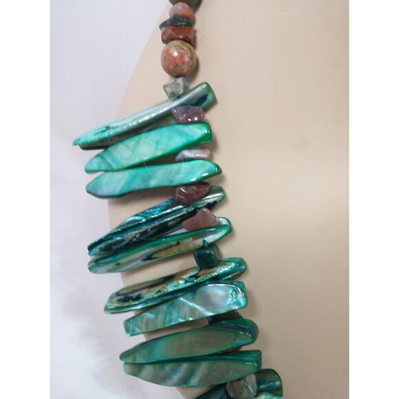 Abalone Shell Necklace Green Paua Artisan Unakite Stones Tribal Spike Statement - Picture 9 of 11